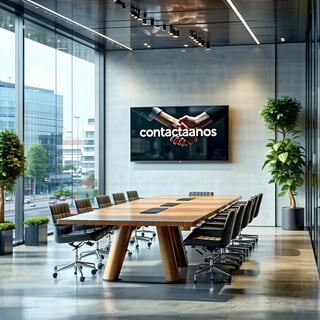 The image showcases a sleek modern office space with large glass windows allowing natural light to flood the room A contemporary conference table made of polished wood is surrounded by ergonomic chairs each with a minimalist design On the wall a digi
