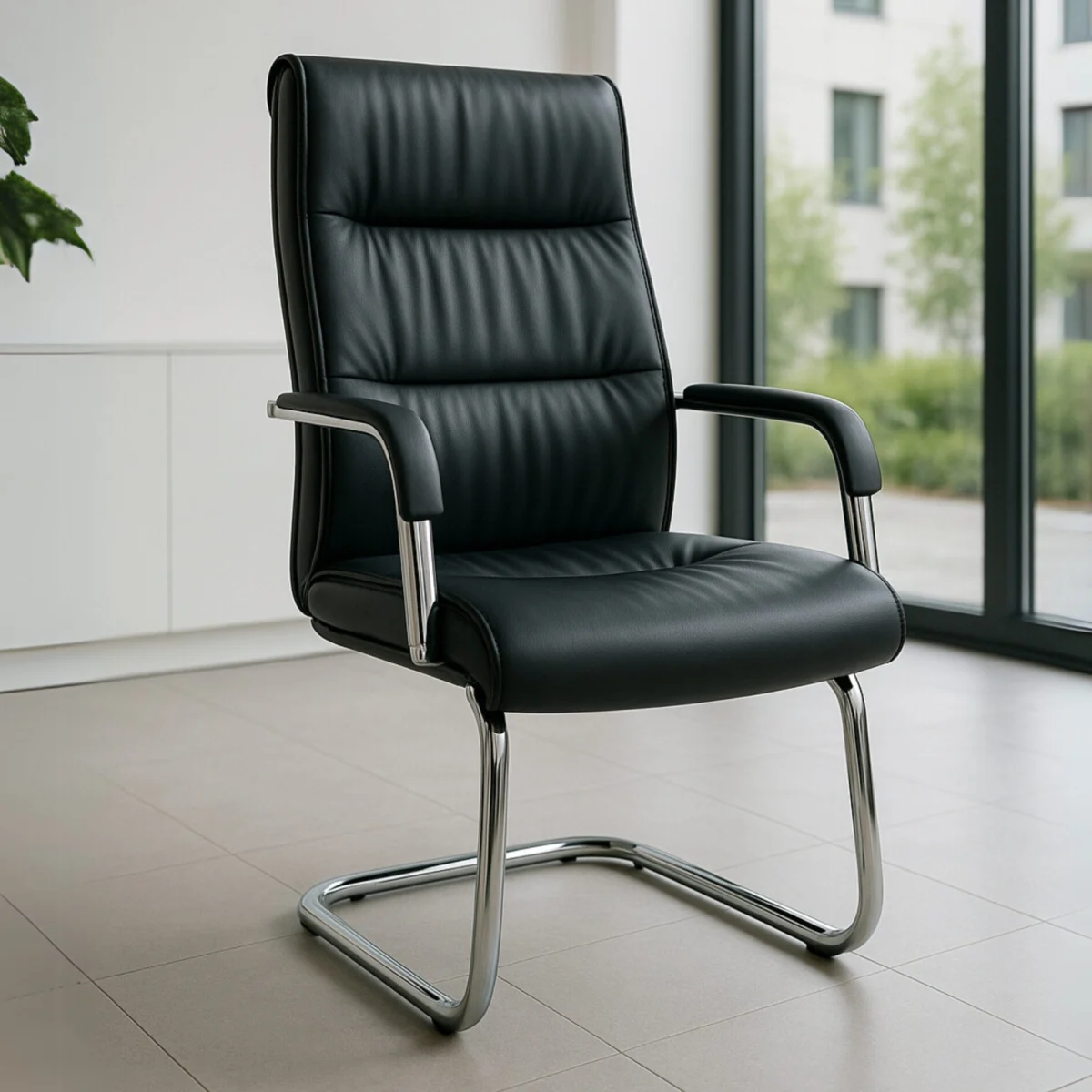 Silla de Visita Magnus Vinipiel Negro y Base de Trineo Cromada
