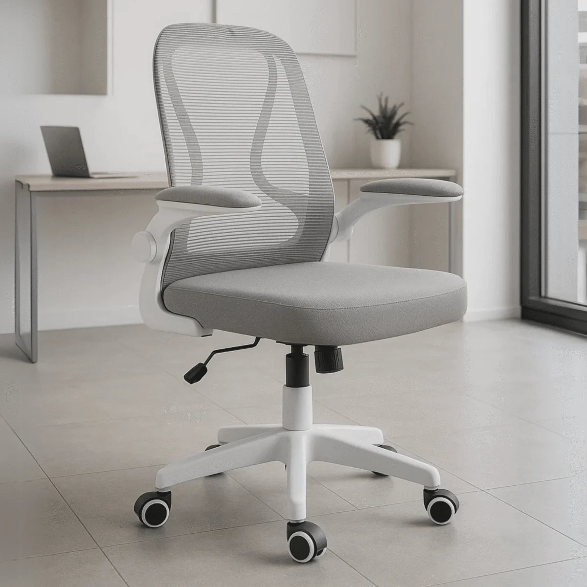 Silla Operativa E107 Mesh y Tela Color Gris Estructura Blanca