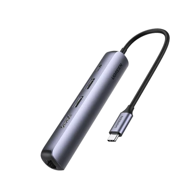 HUB USB-C (Docking Station) 5 en 1 | Ultra Delgado | 2 USB-A 3.1 a (5 Gbps) | HDMI 4K@60Hz | RJ45 (Gigabit Ethernet) | USB-C PD Carga Rápida 100W | Soporta OTG | Chips Inteligentes | Pequeño y Ligero | Caja de Aluminio.