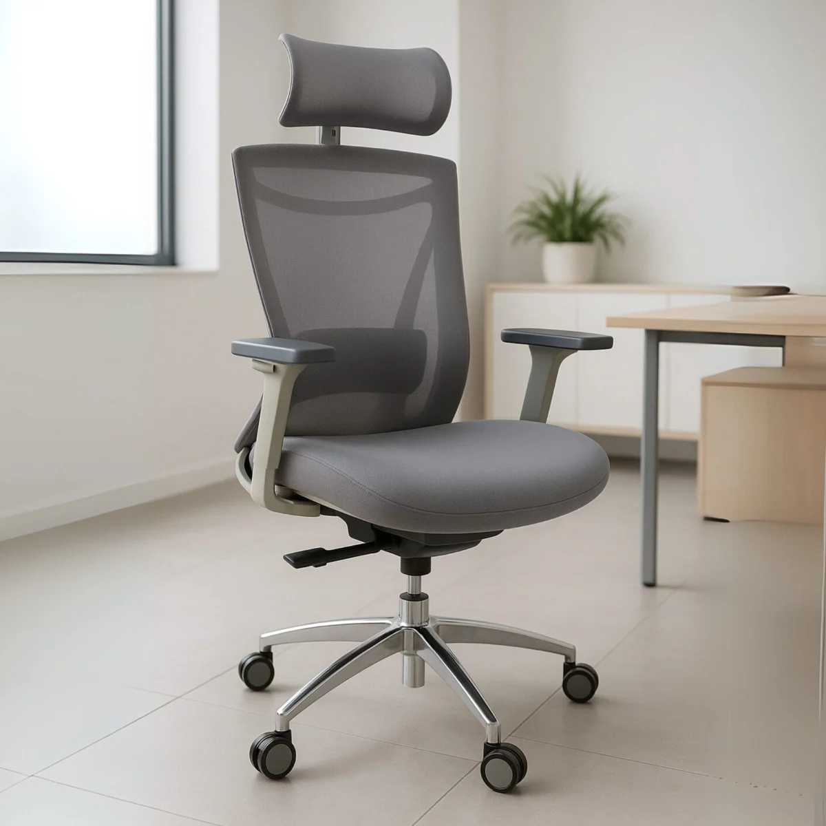 Silla Ejecutiva H8 Mesh con Tela Gris y Base Cromada
