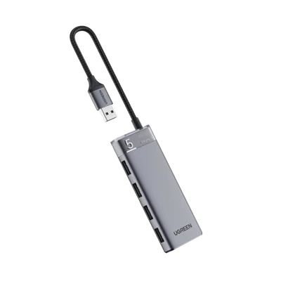 HUB USB-A 3.2 Gen1 4 EN 1 | 4 Puertos USB-A (5Gbps) | Carcasa ABS + PC | Soporta OTG | Luz Indicadora LED | Cable de Nylon Trenzado de 20cm (Mas de 20000 flexiones) | Interfaz Niquelada | Color Gris Metalizado.