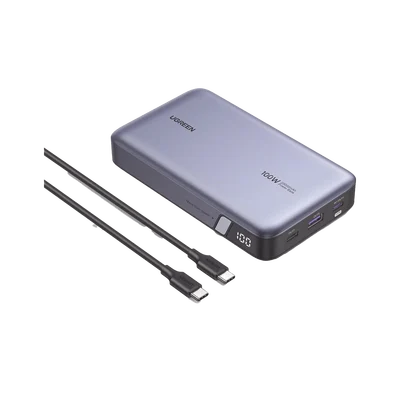 Power Bank de 20000mAh | 3 Salidas 100W Max. | USB-A + 2 USB-C | PD 3.0 | QC3.0 | FCP | SCP | Pantalla Inteligente | Carcasa Ignifuga | Color Gris | Incluye Cable USB de 50cm | Carga tu Laptop de Manera Segura.