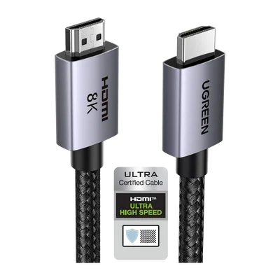Cable HDMI 2.1 de 8K@60Hz | 2 Metros (6.56 Pies) | 48Gbps | HDR10+ | 3D Inversivo | eARC | Dolby ATMOS | VVR | QMS | QFT | ALLM | 3 Modos de Visualización | Certificado HDMI 8K | Niquelado | Nylon Trenzado | Carcasa de Aluminio