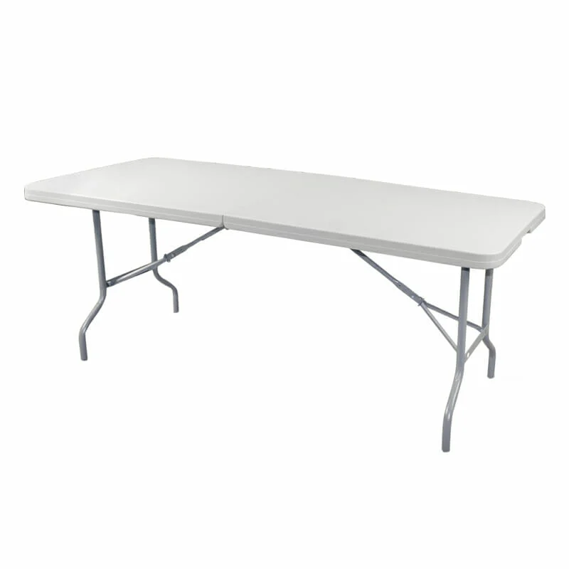 Mesa plegable rectangular 2 secciones 1.83×76 plastico blanco