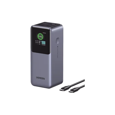 Power Bank de 20000mAh | 3 Salidas 130W Max. | USB-A + 2 USB-C | PD 3.0 | QC3.0 | FCP | SCP | Pantalla Inteligente | Carcasa Ignifuga | Color Gris | Incluye Cable USB de 50cm | Carga tu Laptop de Manera Segura.
