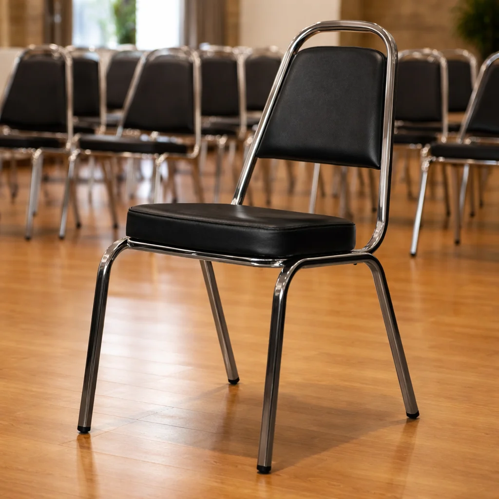 Silla Banquetera Apilable 2000 en Vinipiel Negro y Estructura Metálica