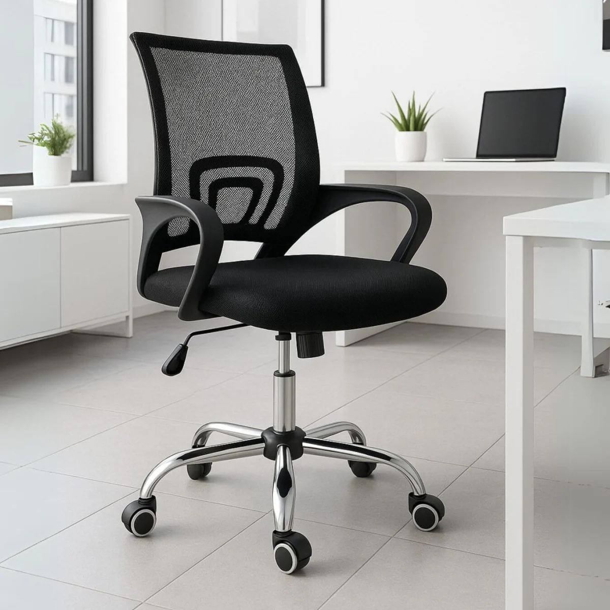 Silla Operativa E102 Mesh con Tela Negro y Base Cromada