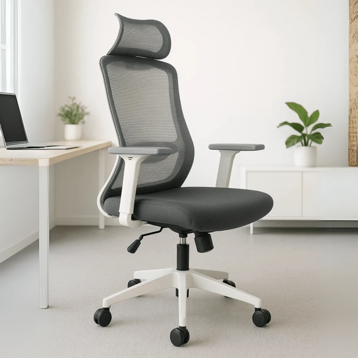 Silla Ejecutiva H7 Mesh con Tela Gris y Estructura Blanca