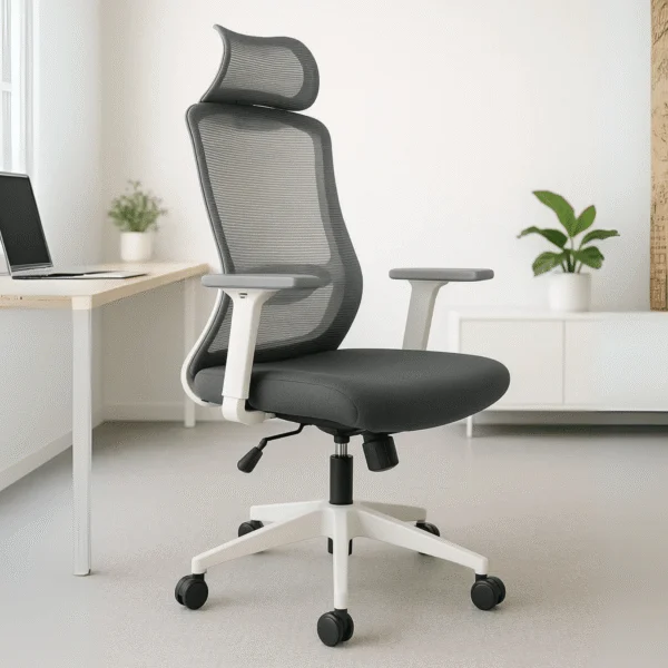 Silla Ejecutiva H7 Mesh con Tela Gris y Estructura Blanca