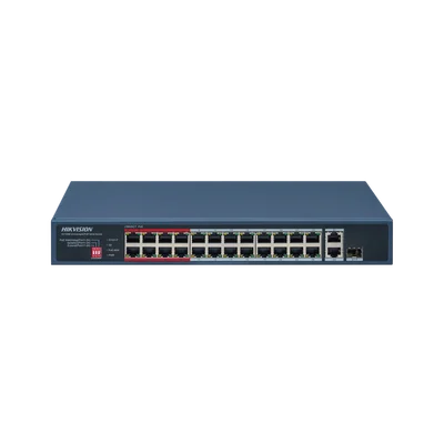 Switch PoE+ / No Administrable / 24 Puertos 10/100 Mbps PoE+ / 2 Puertos 1000 Mbps Uplink / 1 Puerto SFP Uplink / Modo Extendido hasta 300 Metros / 230 W