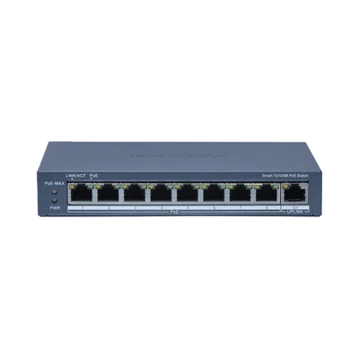 Switch PoE+ / Monitoreable / 8 Puertos 10/100 Mbps PoE+ / 1 Puerto 1000 Mbps Uplink /  Configuración Nube Hik-Partner Pro / Modo Extendido hasta 300 metros / 60 W