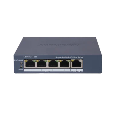 Switch Gigabit PoE+ / Monitoreable / 4 Puertos 1000 Mbps PoE+ / 1 Puerto 1000 Mbps Uplink / Configuración Nube Hik-PartnerPro / Modo Extendido hasta 300 Metros / 45 Watts