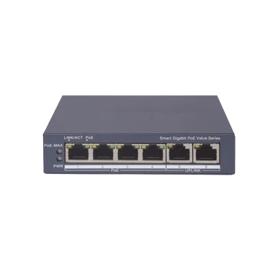Switch Gigabit PoE+ / Administrable / 4 Puertos 1000 Mbps PoE+ / 2 Puertos 1000 Mbps Uplink / Configuración Nube Hik-PartnerPro / Modo Extendido hasta 300 Metros / 45 Watts