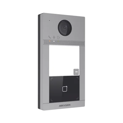 Videoportero IP 2 Megapixel / Llamada y Apertura Remota desde App Hik-Connect / PoE / Exterior IP65 + Antivandalico IK08 / 1 Departamento / Apertura con Tarjeta / Soporta 2 Puertas y hasta 6 Monitores