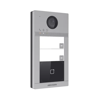 Videoportero IP 2 Megapixel / Llamada y Apertura Remota desde App Hik-Connect (requiere monitor) / PoE / Exterior IP65 + Antivandalico IK08 / 2 Departamentos / Apertura con Tarjeta / Soporta 2 Puertas y hasta 6 Monitores