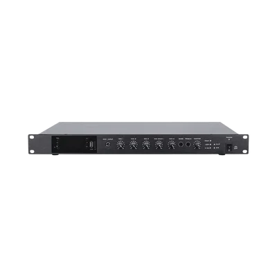 Amplificador de Audio | 1 canal | 350 W | Sistema 100V y Baja Impedancia | 4 Entradas de Micrófono Balanceadas | Bluetooth | USB | SD | FM | Montaje en Rack