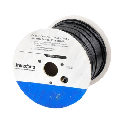 Bobina de Cable de 305 Metros (1000 Pies) Cat5e, Aleación de Cobre y Aluminio (CCA), Color Negro, Uso Intemperie, Doble Forro