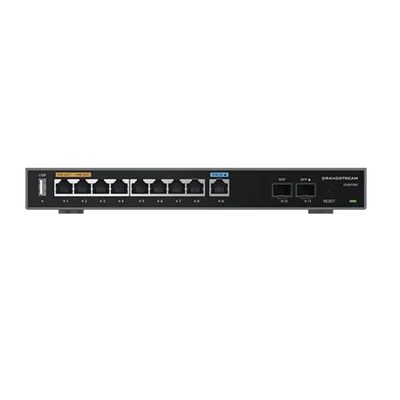 Router Gigabit VPN / Balanceador de cargas / 60,000 sesiones NAT /  9 puertos 10/100/1000 Mbps + 2 puertos SFP (WAN/LAN) / 1 puerto entrada PoE(af/at) / 2 puertos salida PoE (af/at) / Compatible con GWN Cloud.