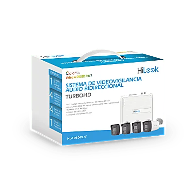 Kit TurboHD 1080p / DVR 4 canales / 4 Cámaras Bala de Policarbonato / Audio Bidireccional / Dual Light (IR + Luz Blanca) / H.265+ / 1 Fuente de Poder Profesional / Accesorios de Instalación