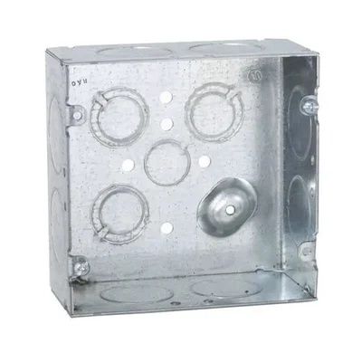 Caja Cuadrada 4 11/16 x 4 11/16″/ Profundidad 2- 1/8″/ Cuenta con 1 Entrada de 1/2″, 8 de 1″ y  3 TKO  (1/2″-3/4″).