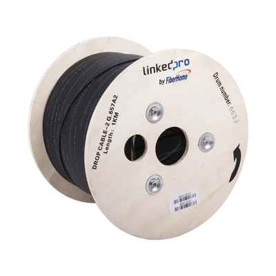 Carrete de 1 km de Fibra Óptica Drop, Interior/Exterior G.657A2 Monomodo de 2 Hilos (Bifibra), Diseñada para Fusionarse, Dieléctrica, Forro Negro, (No Soporta Conectores Mecánicos)
