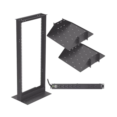 Kit de Rack Estándar 19″, 24 UR con 2 Charolas  y PDU (8 tomas). Ideal para UPS y Servidores tipo Torre.