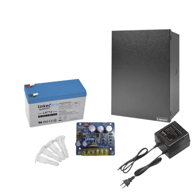 Kit con fuente PLB3 con salida de 12 Vcc a 4 Amper, incluye transformador y batería de 12 V a 7 Amper