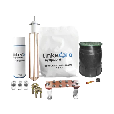 Kit Puesta a Tierra 30A / Electrodo Cobre Electrolítico / Diseño Delta / Filtro Equipotencial / Compuesto 12 kg / Barra Unión + Conectores + Registro