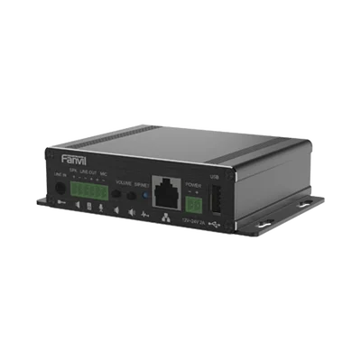 Gateway para Voceo IP/SIP,  Entrada de audio (3.5mm), salida de amplificador integrado de hasta 30W, puerto USB (reproducción de MP3),
