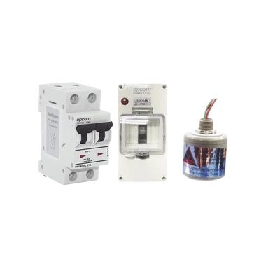 Kit de Centro de Carga Para Corriente Directa, Breaker de hasta  800 Vcc de 32 A con Supresor de Descargas Atmosféricas.