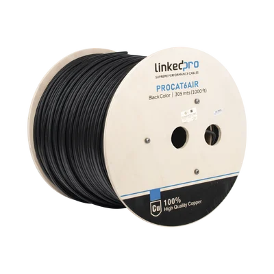 Bobina de Cable FTP con Mensajero de Acero de 305 Metros (1000 Pies) Cat6+ Calibre 23, Color Negro, para Aplicaciones en Video Vigilancia y Redes de Datos / Uso en Intemperie y Aplicaciones Aéreas