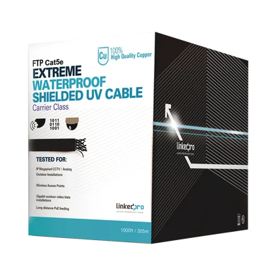 Cable UTP Categoría 5e para Exterior / 24AWG 4 Pares / Conductor Cobre Desnudo / Cubierta LDPE Negra Resistente a Rayos UV / Relleno Anti-Humedad PE Tap Compound / Soporte PoE IEEE 802.3at y Gigabit Ethernet / 1000 ft (304.8 m)