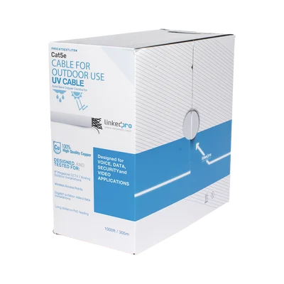 Bobina de cable de 305 m, Cat5e, para intemperie, sin blindar, color blanco, UL, para aplicaciones en CCTV, redes de datos, Requiere tubería para su correcta instalación en ambientes exteriores.