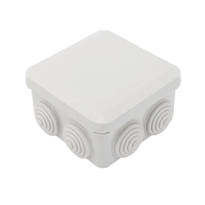 Caja Estanca, Derivación, Conexión de Plástico (89 X 89 X 50 mm) con 7 Glándulas de Goma. Para Instalaciones Comerciales,  Residenciales e Industriales. Cerrado a Presión.