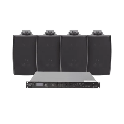 KIT de Amplificador de Audio 120W para Rack | 4 Altavoces de Pared color Negro 2.5W – 20W | Sistema 70/100V