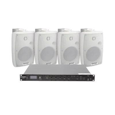 KIT de Amplificador de Audio 120W para Rack | 4 Altavoces de Pared color Blanco 2.5W – 20W | Sistema 70/100V