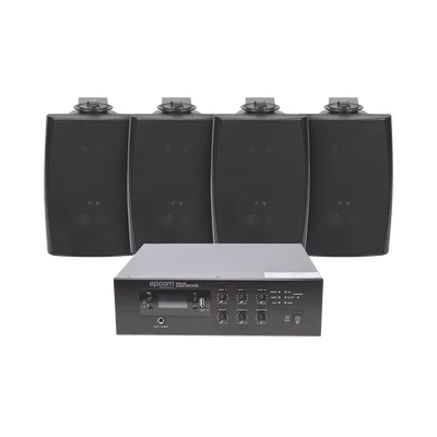 KIT de Amplificador de 120W para Escritorio | 4 Altavoces de Pared color Negro 2.5W – 20W | Sistema 70/100V