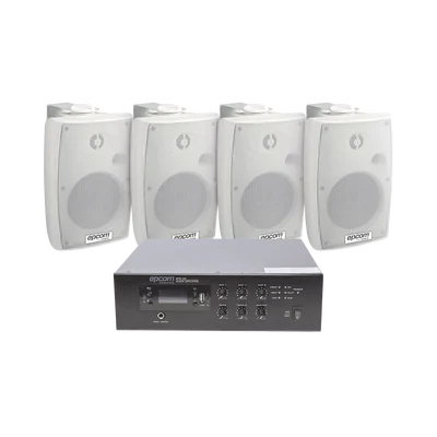 KIT de Amplificador de 120W para Escritorio | 4 Altavoces de Pared color Blanco 2.5W – 20W | Sistema 70/100V
