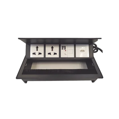 Caja Horizontal Tipo Hub para Escritorio Color Negro, con 1 Puerto HDMI Hembra-Hembra, 1 Puerto RJ45 Cat6, 2 Puertos USB (Solo Carga), y 2 Contactos Eléctricos Universales