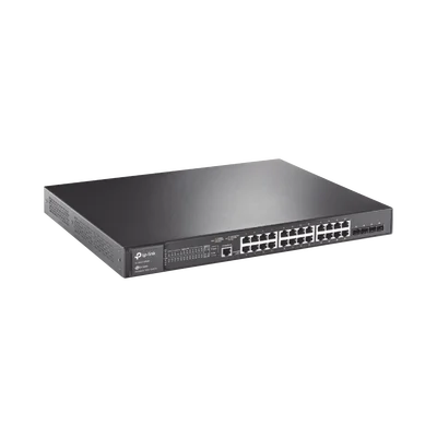 Switch L2+ Omada PoE+ / 24 Puertos PoE+ 10/100/1000 Mbps / 4 Puertos SFP 1G / 2 Puertos Consola (RJ45 y microUSB) / Administración Centralizada Omada o Stand-Alone / Multicast IGMP / Calidad de Servicio / Presupuesto PoE 384W / Montaje en Rack