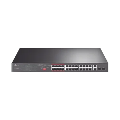 Switch No Administrable 24 Puertos PoE+ 10/100 Mbps / 2 Puertos 10/100/1000 Mbps + 2 Puertos SFP (combo) / Modo Prioridad de Tráfico / Modo Aislamiento de Red / Presupuesto PoE de 250 W / Diseño para Ideal para Vigilancia IP