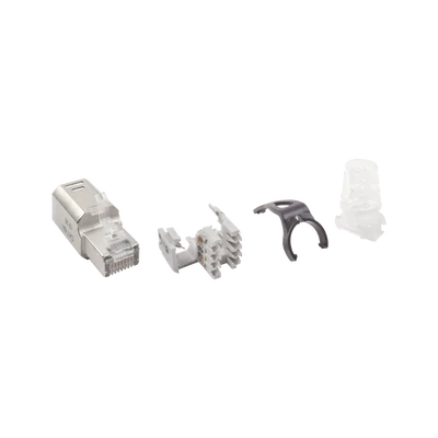 Plug RJ45 Cat6A Blindado, Terminación en Campo, Compatible con Todas las Categorías, con Clip Protector de Seguro